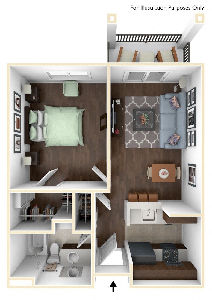 Cedar one bedroom floor plan Aerial cut-away view of Cedar model furnished 1/1 with a balcony